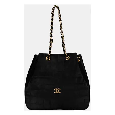 Chanel Black Quilted Pony Hair and Velour Chocolate Bar Drawstring Tote