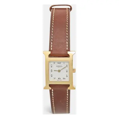 Hermes White Yellow Gold Plated Stainless Steel Leather Heure H W036734WW00 Women's Wristwatch