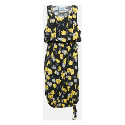 Prada Black Floral Print Silk Sleeveless Adjustable Waist Midi Dress