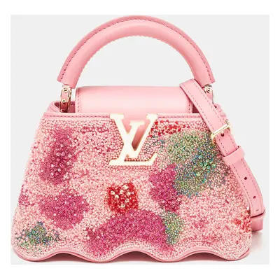 Louis Vuitton Rose Embroidered Satin Capucines Capushell Mini Bag