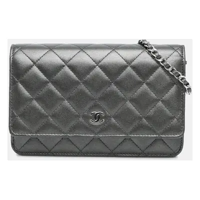 Chanel Silver Quilted Iridescent Lambskin Wallet On Chain