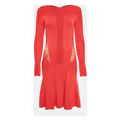 Elie Saab Red Lace Trim Knit Flared Midi Dress