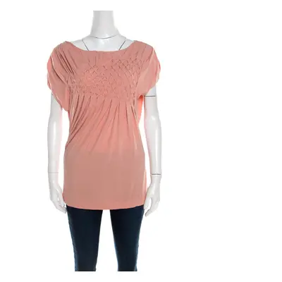 Escada Bellini Pink Diamond Pattern Pleated Jersey Cap Sleeve Estrelle Top