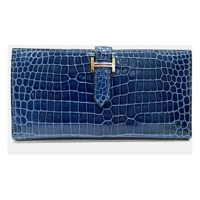 Hermes Blue Shiny Porosus Crocodile Bearn Long Wallet