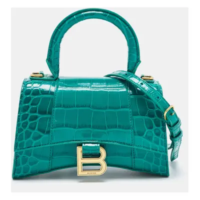 Balenciaga Green Croc Embossed Leather Hourglass Top Handle Bag