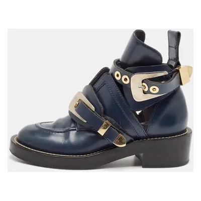 Balenciaga Navy Blue Leather Ceinture Ankle Boots Size