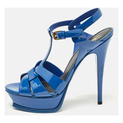 Saint Laurent Blue Patent Leather Tribute Platform Ankle Strap Sandals Size