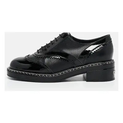 Chanel Black Leather and Patent CC Lace Up Oxfords Size