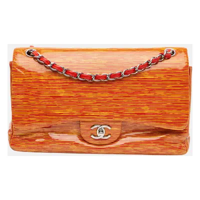 Chanel Orange Patent Leather Jumbo Classic Striped Double Flap Bag