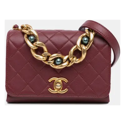 Chanel Red Mini Quilted Lambskin Pearl Chain Flap Bag