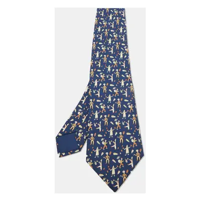 Hermes Blue Les Vendanges Print Silk Classic Tie