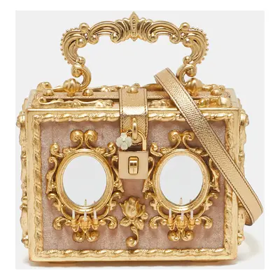 Dolce & Gabbana Gold/Beige Wood and Velvet Mirror Box Regine Top Handle Bag