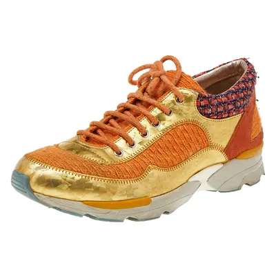 Chanel Orange/Gold Tweed And Suede CC Low Top Sneakers Size