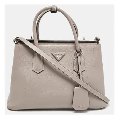 Prada Grey Saffiano Cuir Leather Turnlock Twin Tote