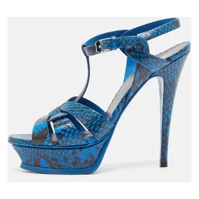 Saint Laurent Blue/Black Embossed Snakeskin Tribute Sandals Size 39.5