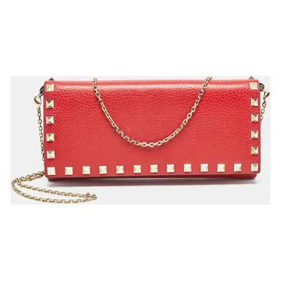 Valentino Red Leather Rockstud Flap Wallet on Chain