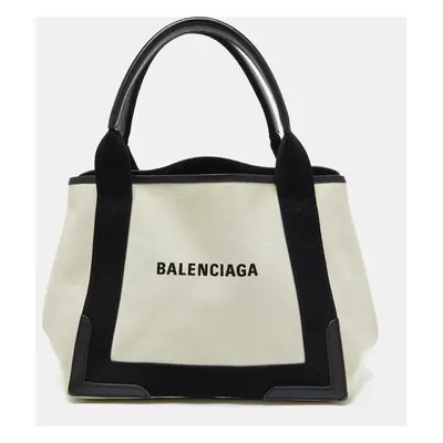 Balenciaga Off White/Black Canvas and Leather Small Cabas Tote