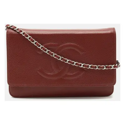 Chanel Brown/Burgundy Leather Caviar Chain Wallet Bag