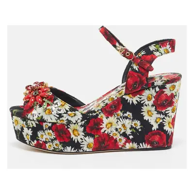 Dolce & Gabbana Red Floral Print Brocade Fabric Wedge Sandals Size