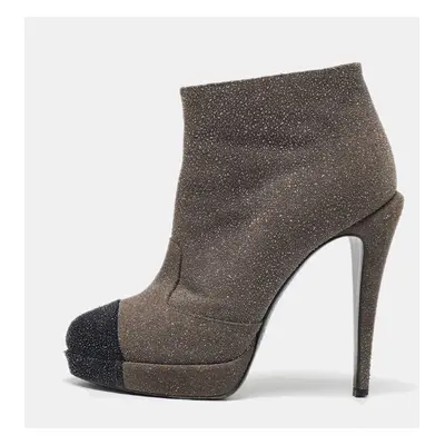 Chanel Grey/Black Glitter Suede Platform Ankle Length Boots Size