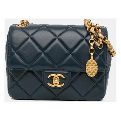 Chanel Navy Blue Mini Square CC Quilted Lambskin Flap