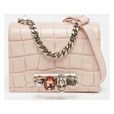 Alexander McQueen Pink Croc Embossed Leather Knuckle Flap Shoulder Bag