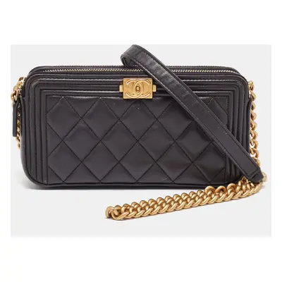 Chanel Grey Quilted Leather Boy Double Zip Chain Clutch