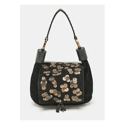 Chloe Black Leather and Suede Embellished Flap Hobo