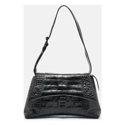 Balenciaga Black Croc Embossed Leather Soft Hourglass Shoulder Bag