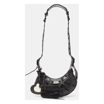 Balenciaga Black Croc Embossed Leather Le Cagole Shoulder Bag