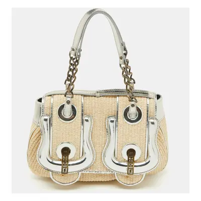 Fendi Beige/Silver Raffia and Patent Leather B Shoulder Bag