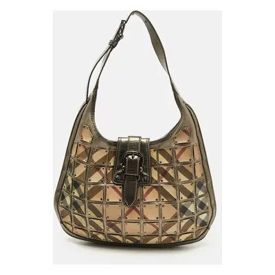 Burberry Metallic/Beige Nova Check PVC and Leather Studded Brooke Warrior Hobo