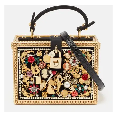 Dolce & Gabbana Gold/Black Acrylic and Fabric Embellished Dolce Box Top Handle Bag