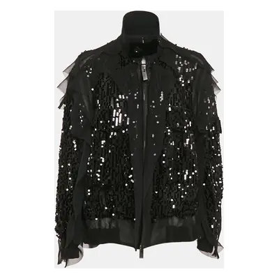 Sacai Black Sequin Crepe Ruffled Zip-Up Bomber Jacket