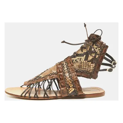 Roberto Cavalli Brown Crocodile and Python Leather Lace Up Sandals Size