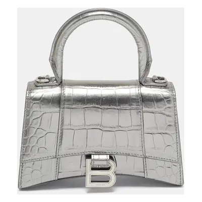 Balenciaga Silver Croc Embossed Patent Leather Hourglass Top Handle Bag