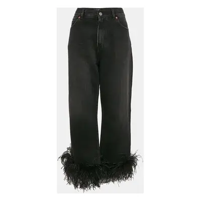 Valentino Black Denim Detachable Ostrich Feather Cuff Cropped Jeans