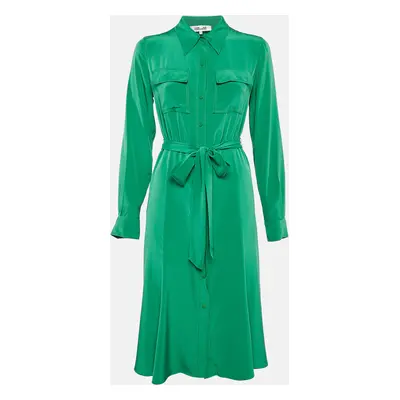 Diane Von Furstenberg Green Silk Button Front Belted Midi Dress