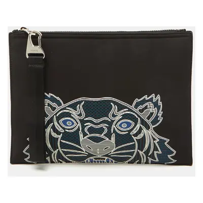 Kenzo Black Fabric Tiger Print Flat Zip Pouch