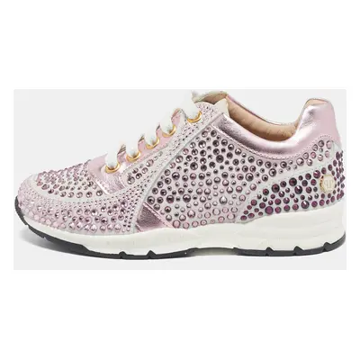 Philipp Plein Metallic Pink/White Leather and Suede Crystal Embellished Klarissa Sneakers Size