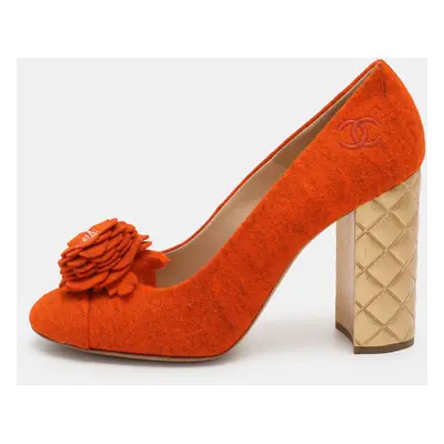 Chanel Orange Felt Embellished Quilted Block Heel Pumps Size