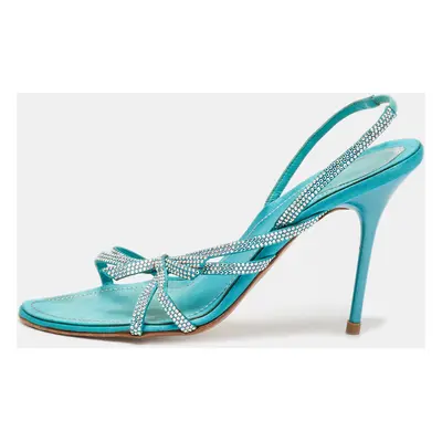 René Caovilla Blue Satin Crystal Embellished Slingback Sandals Size 38.5