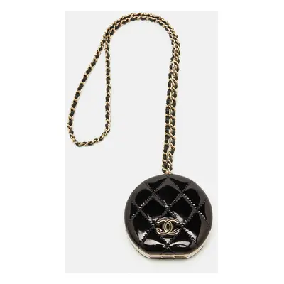 Chanel Black Quilted Patent Leather Round Mirror Chain Bag