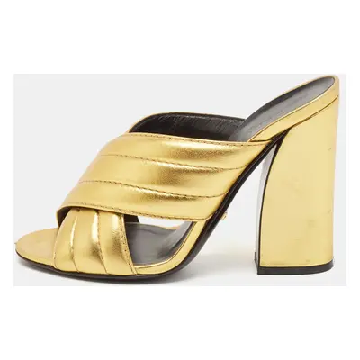 Gucci Metallic Gold Leather Webby Slide Sandals Size