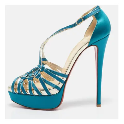 Christian Louboutin Blue Satin Platform Ankle Strap Sandals Size