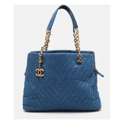 Chanel Blue Iridescent Chevron Leather CC Charm Chain Bag