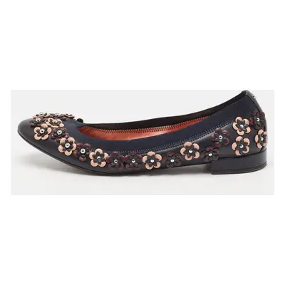 Dior Navy Blue Leather Cut Out Flower Embellished Ballet Flats Size