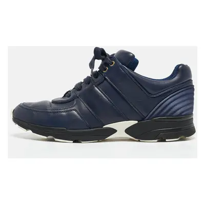 Chanel Navy Blue Leather and Satin Lace Up Sneakers Size