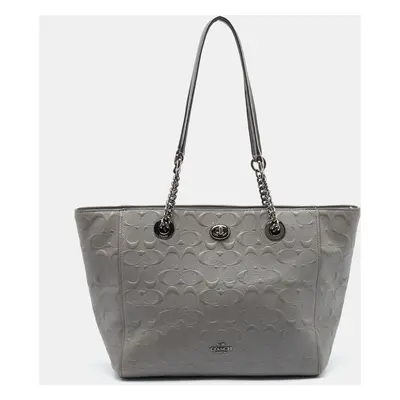 Coach Grey Signature Embossed Leather Turnlock Chain Tote