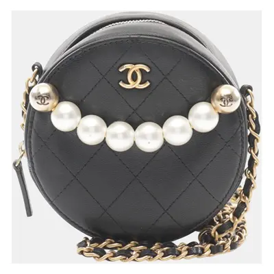 Chanel Black Lambskin Pearl Round Clutch On Chain